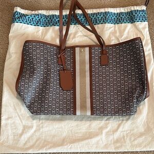 Tory Burch Brown Logo Canvas Tote with Tan & Cream Center Stripe